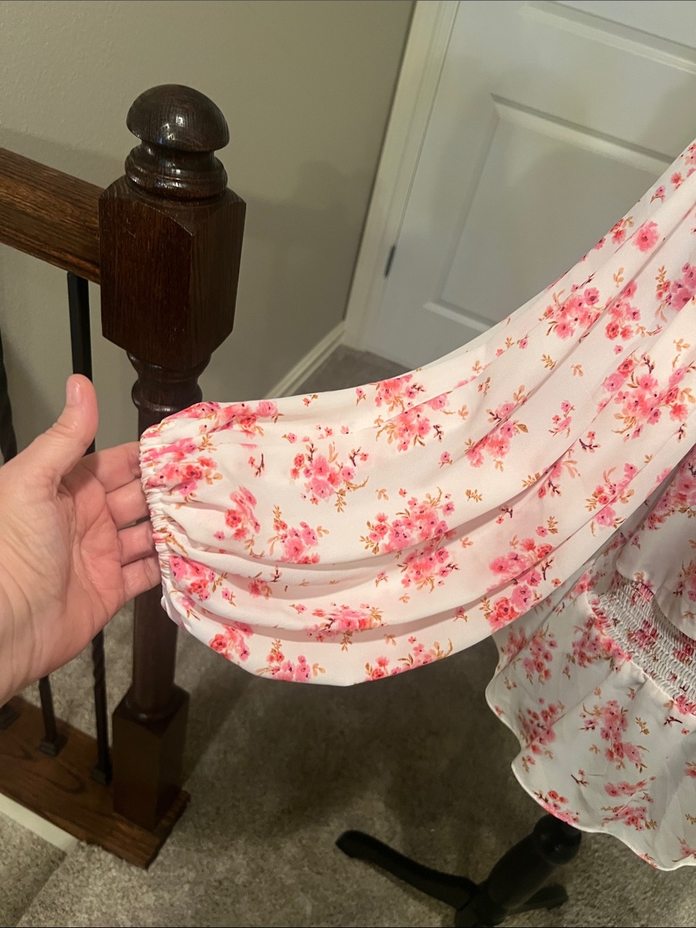 Vince Camuto White Blouse with Pink Floral Print and Smocked Waist - Picture 5 of 10